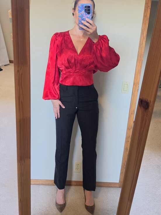 Ronny Kobo Collection Pants - NWOT Rony Kobo Croppes Red Satin V-Neck Blouse with Puff Sleeves